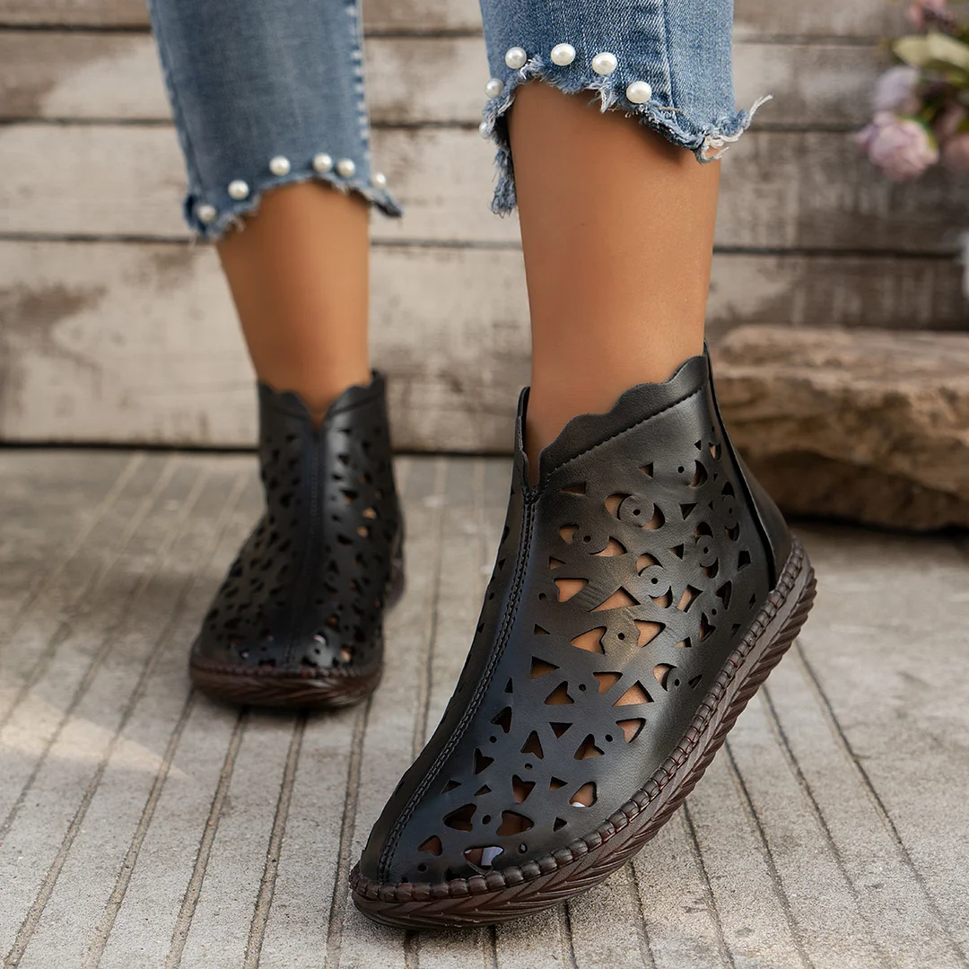 Breakj Breakj And Summer 2025 New Round Head Hollow Shoes Women Fashion Zipper Retro National Style In The Middle Of The Cool Boots