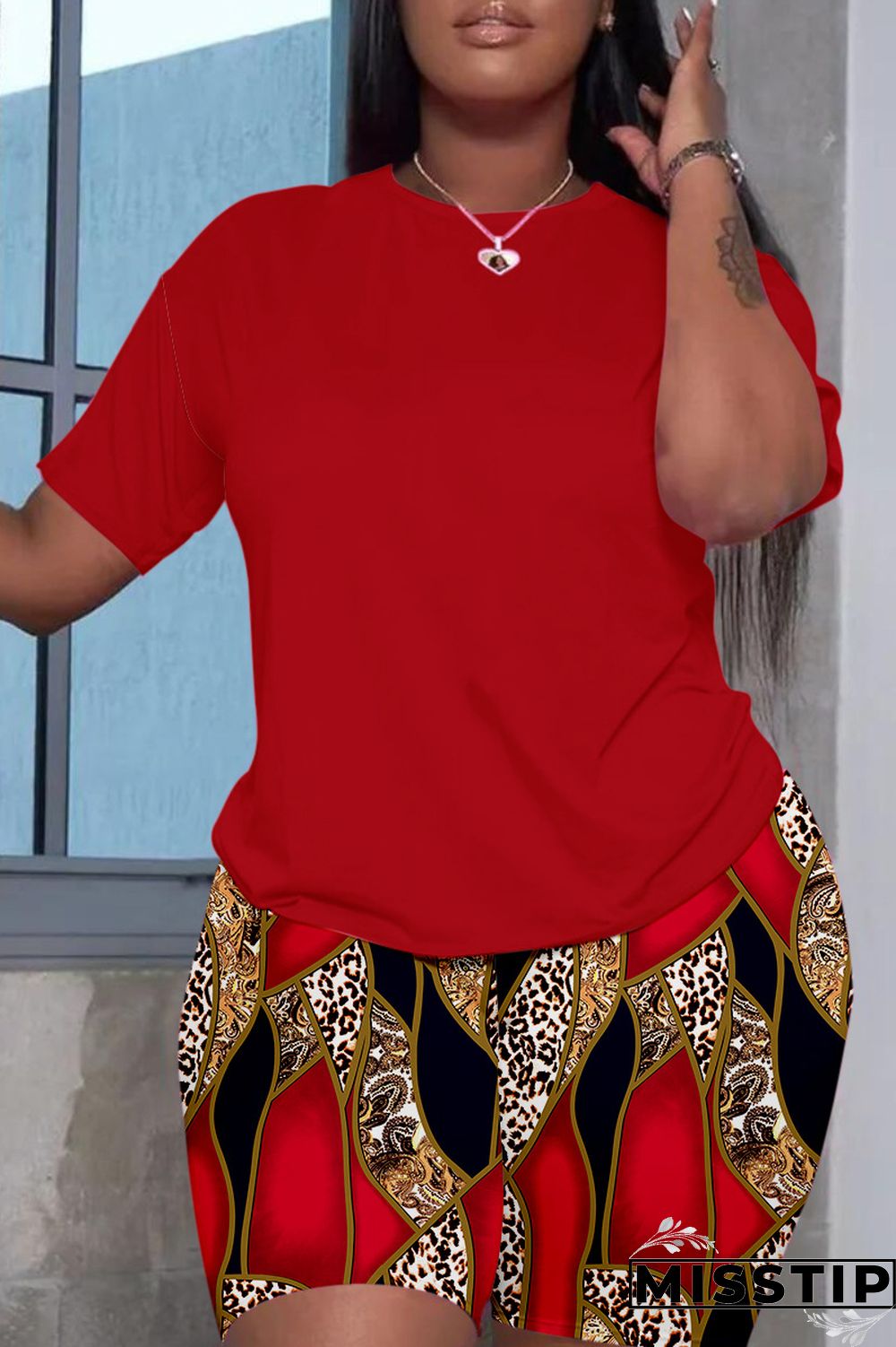 Deep Red Casual Print Basic O Neck Short Sleeve Two Pieces