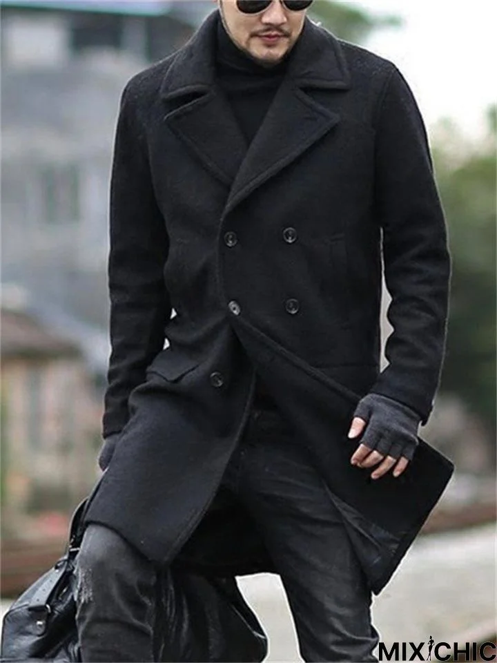 Men's Double-Breasted Midi Solid Color Lapel Coat