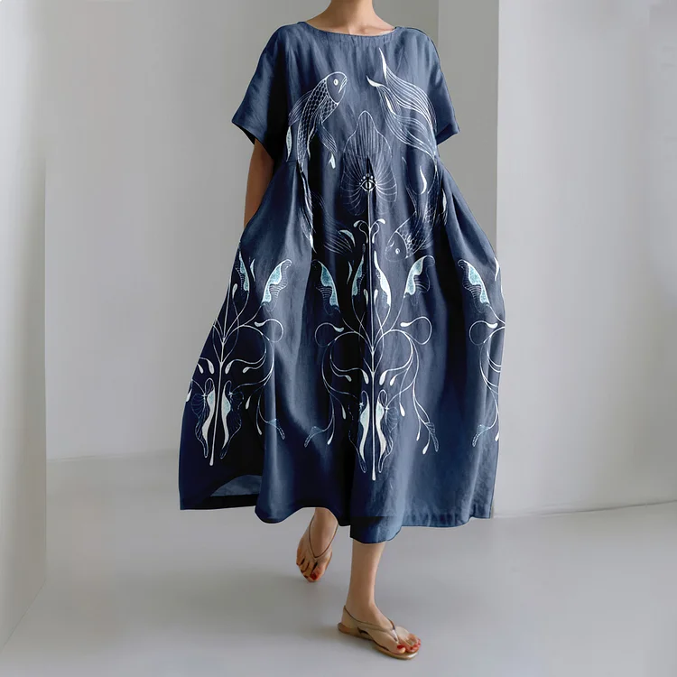 Japanese cyanotype With The Pisces Motive Art Linen Blend Casual Dress