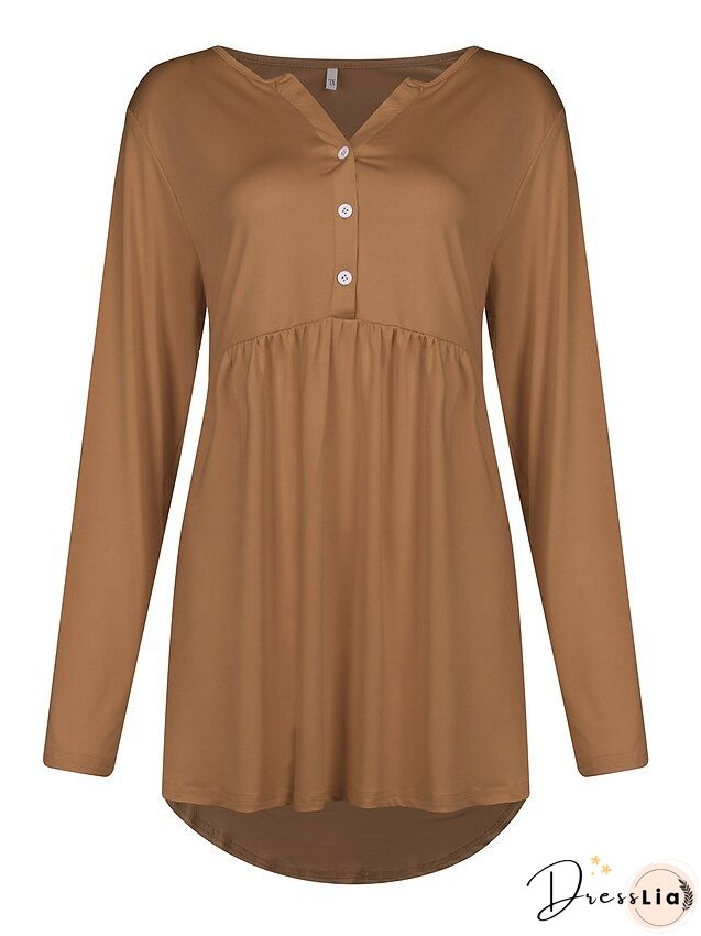 T shirt Tee Light Blue claret Deep Purple Plain Button Flowing tunic Long Sleeve Daily Weekend Basic V Neck Long Plus Size L for Women