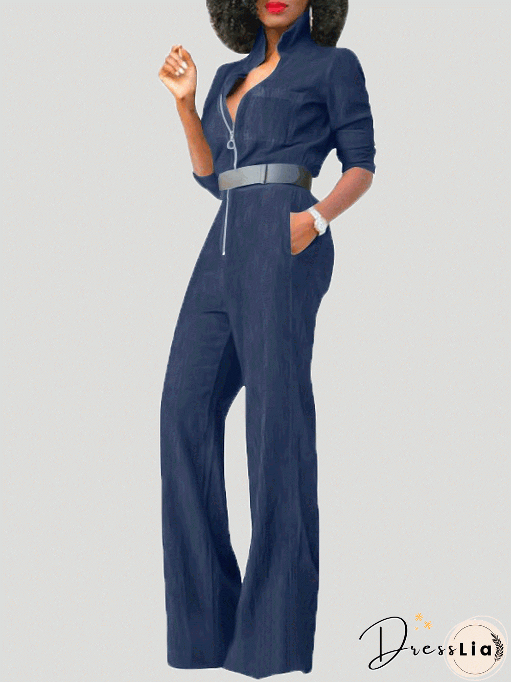 Women'S Jumpsuits Lapel Zip Long Sleeve Denim Jumpsuit