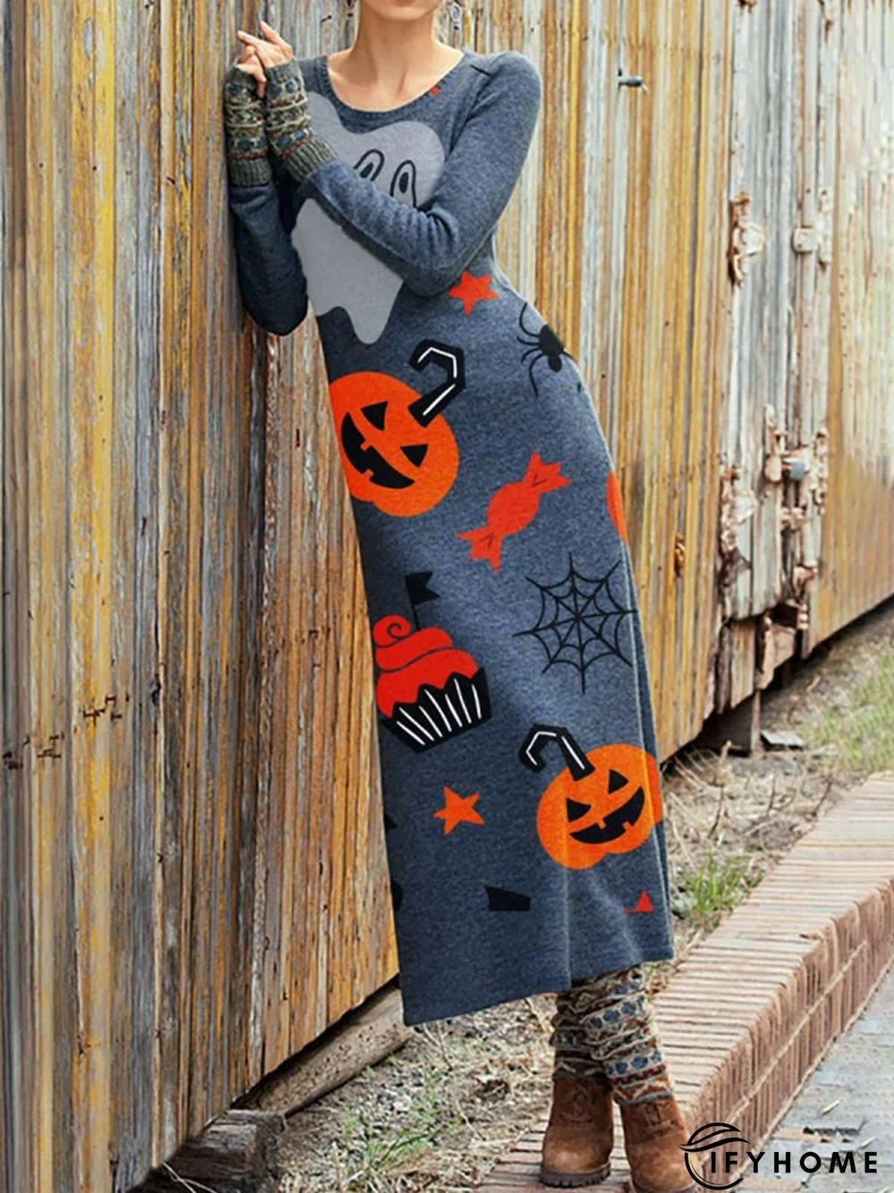 Vintage Statement Halloween Printed V Neck Long Sleeve Casual Knitting Dress | IFYHOME