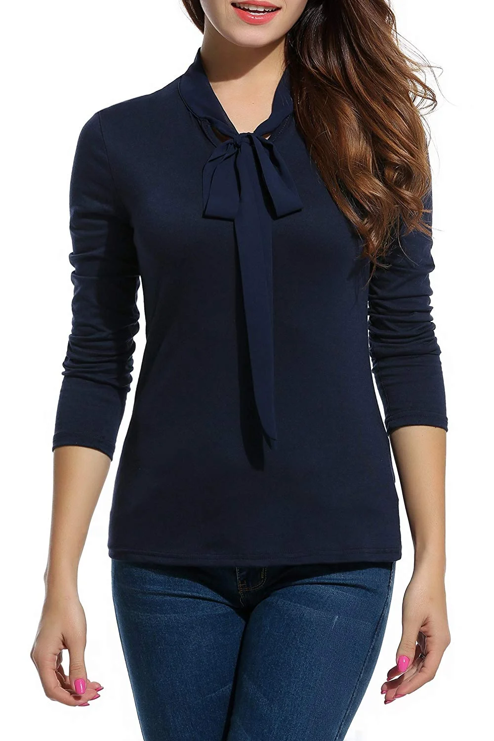 Tie-Bow Neck Cuffed Sleeve Office Shirt Slim Solid Long Sleeve Blouse