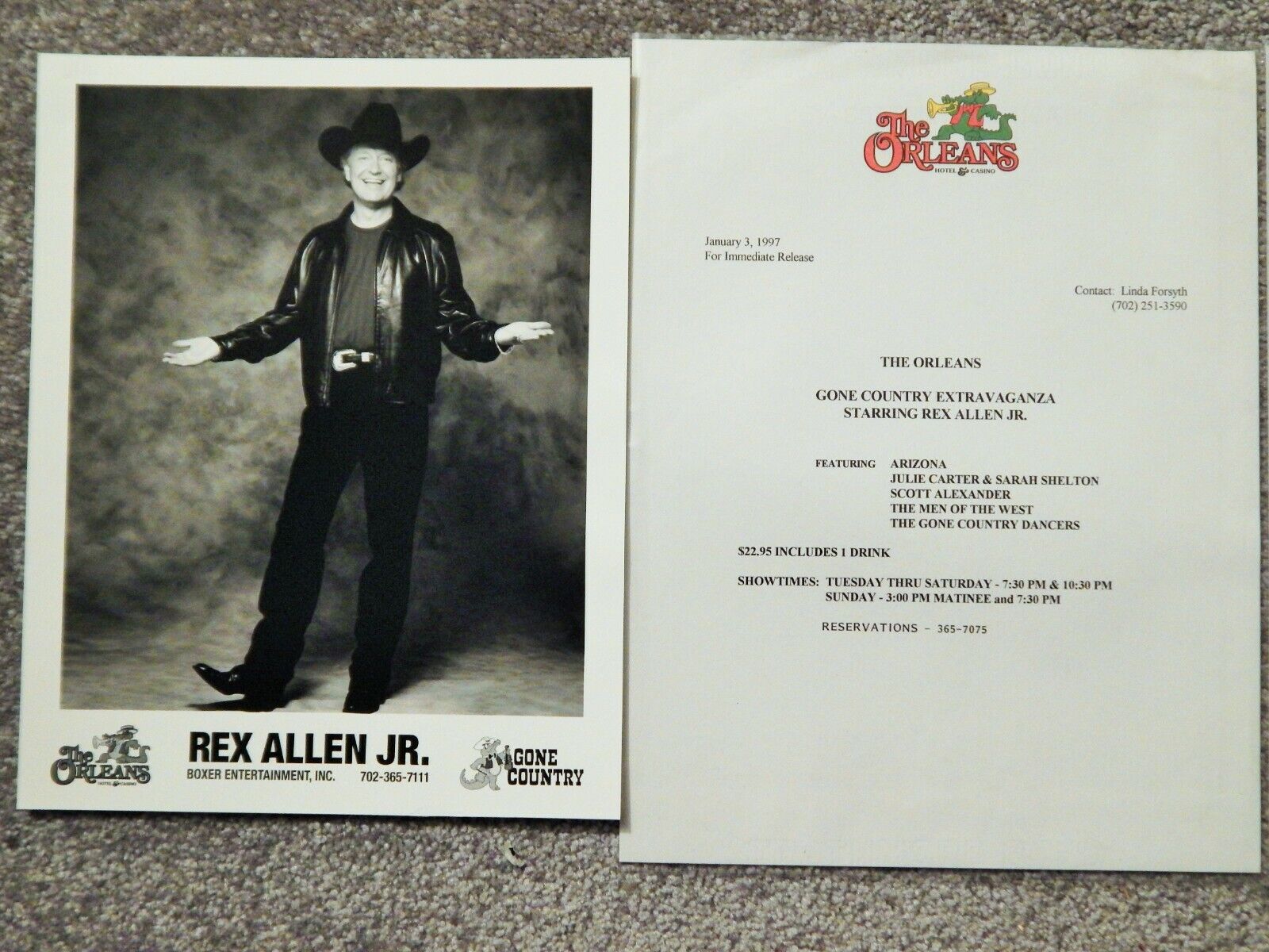 REX ALLEN JR 1997 PRESS RELEASE & 10 X 8 Photo Poster painting ORLEANS LAS VEGAS SHOWS