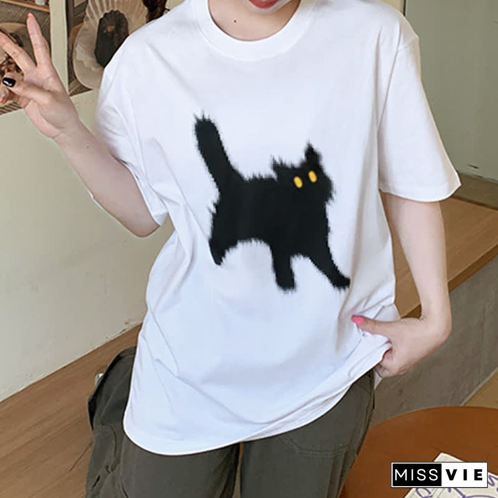 Cartoon Cat Print Round Collar Oversized T-Shirt