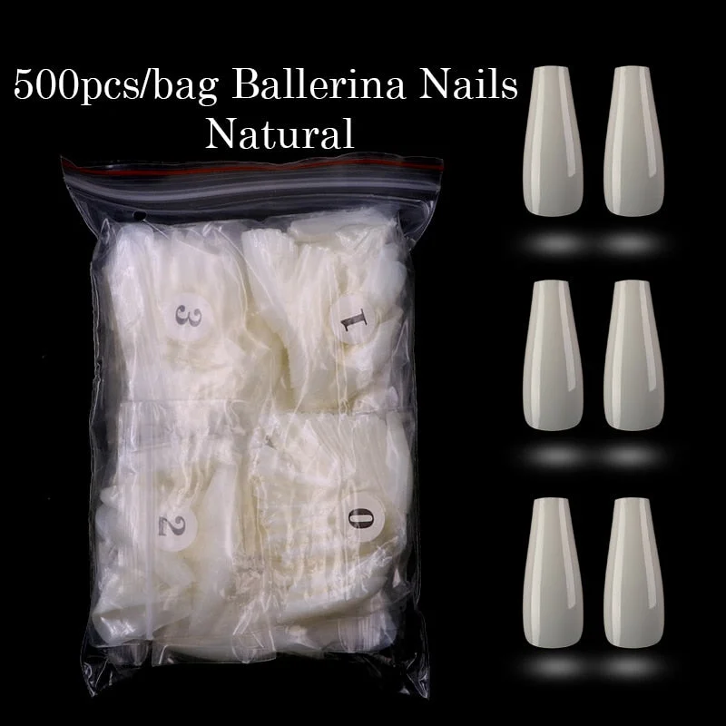 Lamemoria 100/500pcs/opp/box Fake Nails Coffin Nail Tips Press on Nails Natural Clear Long Ballerina DIY False Nail Full Cover-Nail Inspo