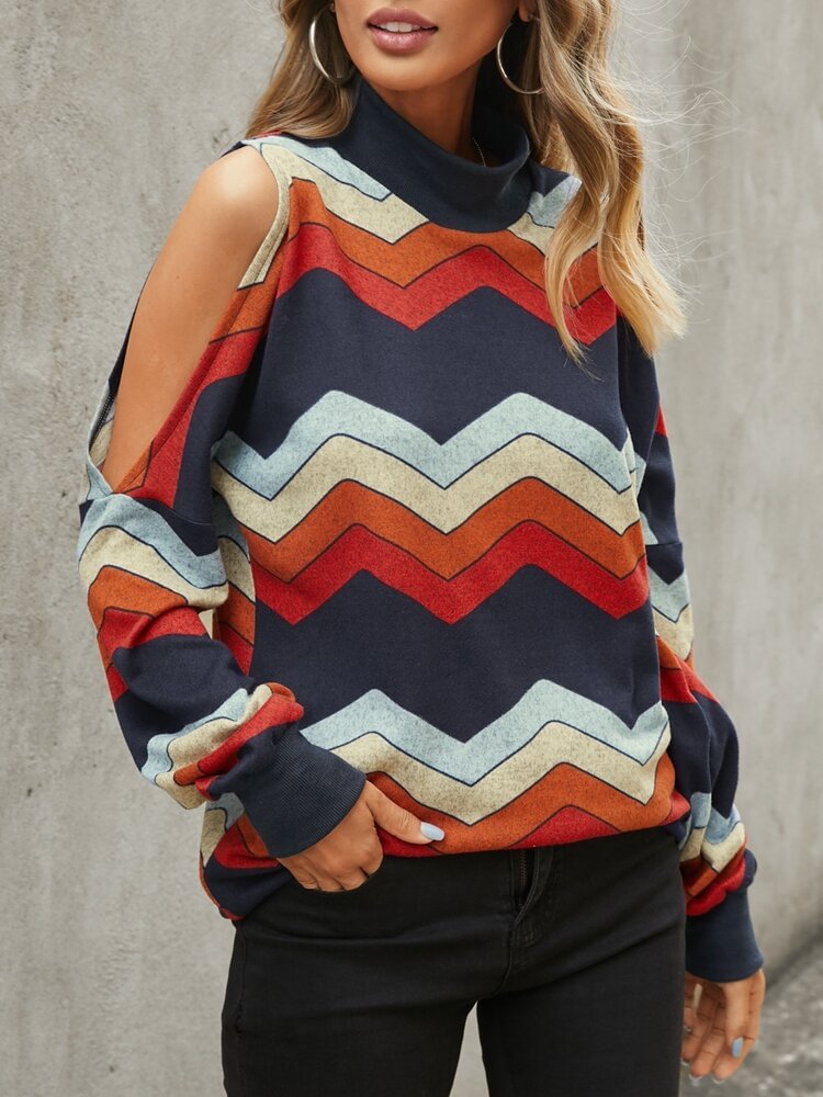 Striped Print Off Shoulder Casual Sweater For Women