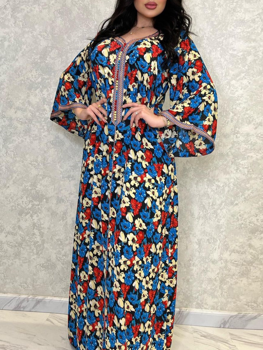 Floral Print Long Sleve V Neck Kaftan Dress | Oxredo Shop Ramadan Sale