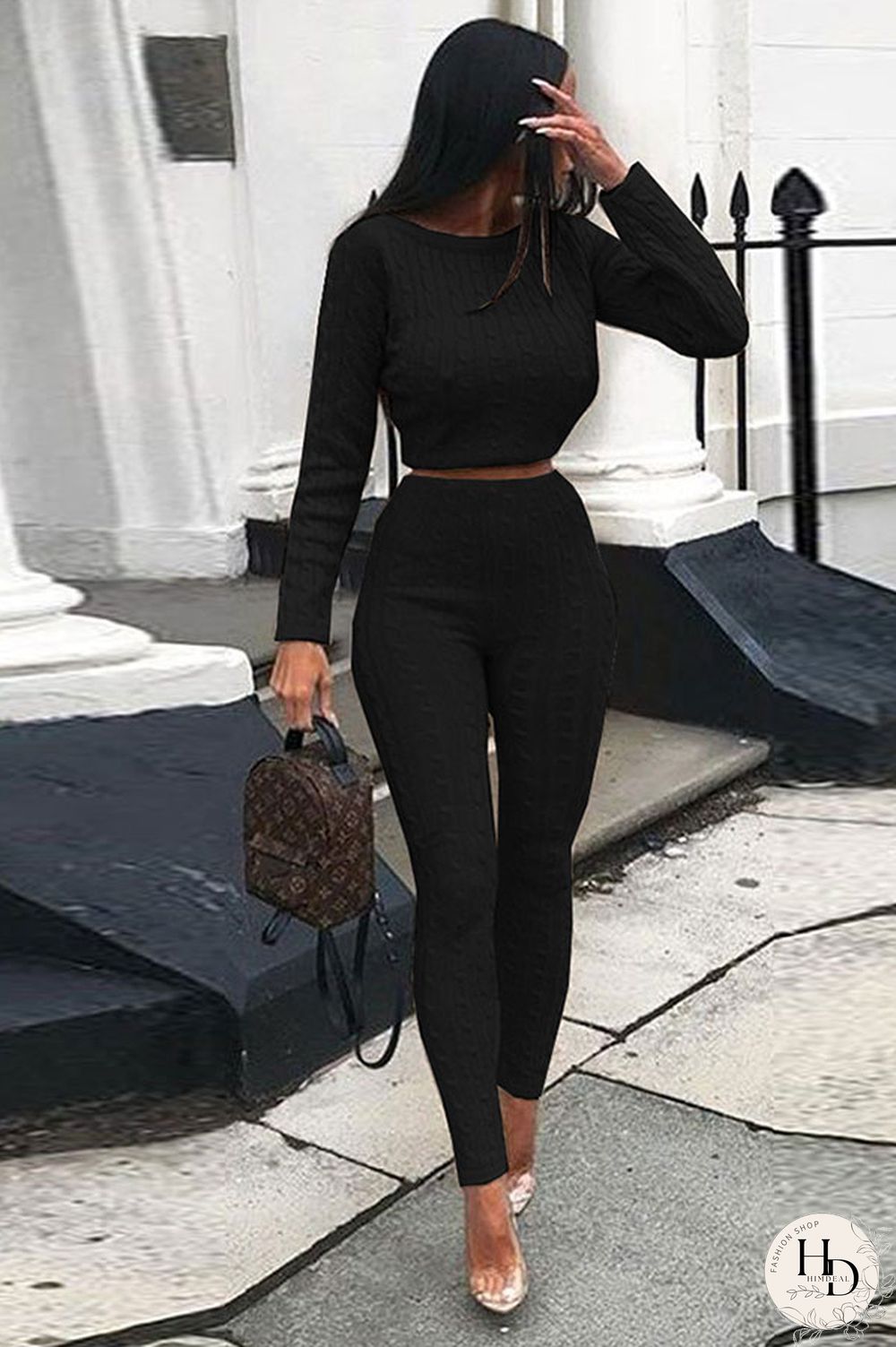 Coffee Elastic Fly Long Sleeve Mid Solid pencil Pants Two-piece suit