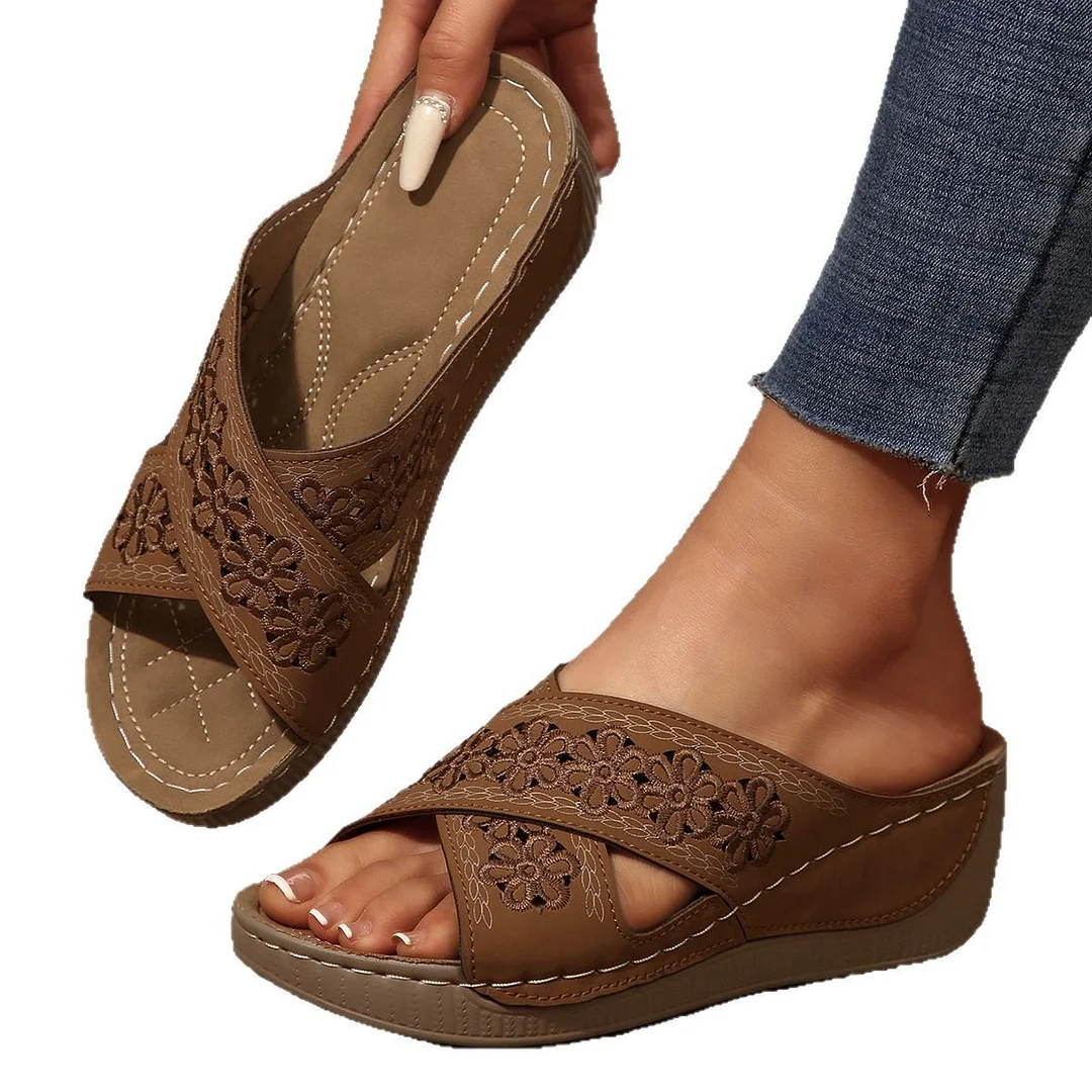 Yyvonne Thick Bottom Hollow Cross-Slippers Female Slope And Embroidered Beach Fish Mouth Side Empty Toe Cool Slippers