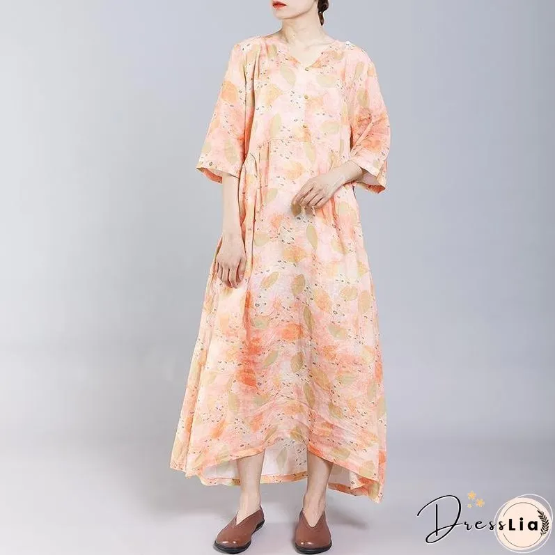 Print V-Neck Button Casual Women Dress