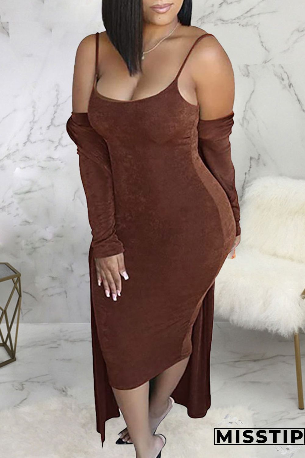 Black Casual Solid Patchwork Spaghetti Strap Long Sleeve Two Pieces