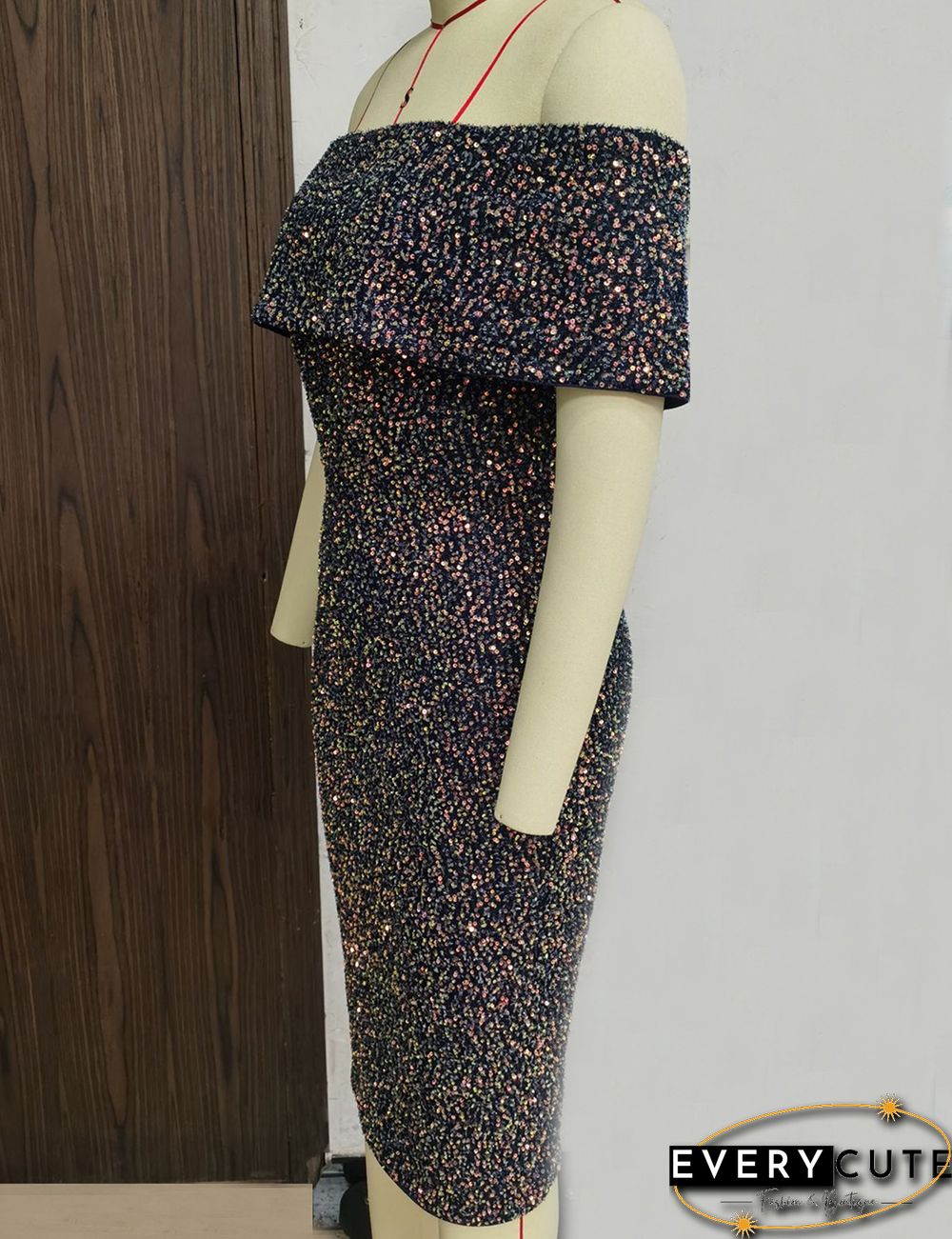 Navy Blue Sequined Off Shoulder A Line Pencil Dress