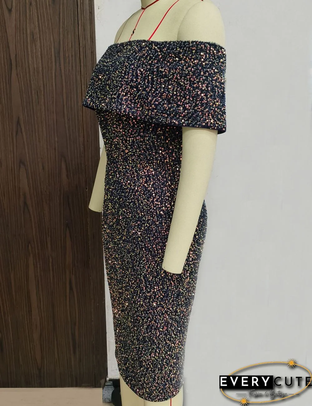 Navy Blue Sequined Off Shoulder A Line Pencil Dress