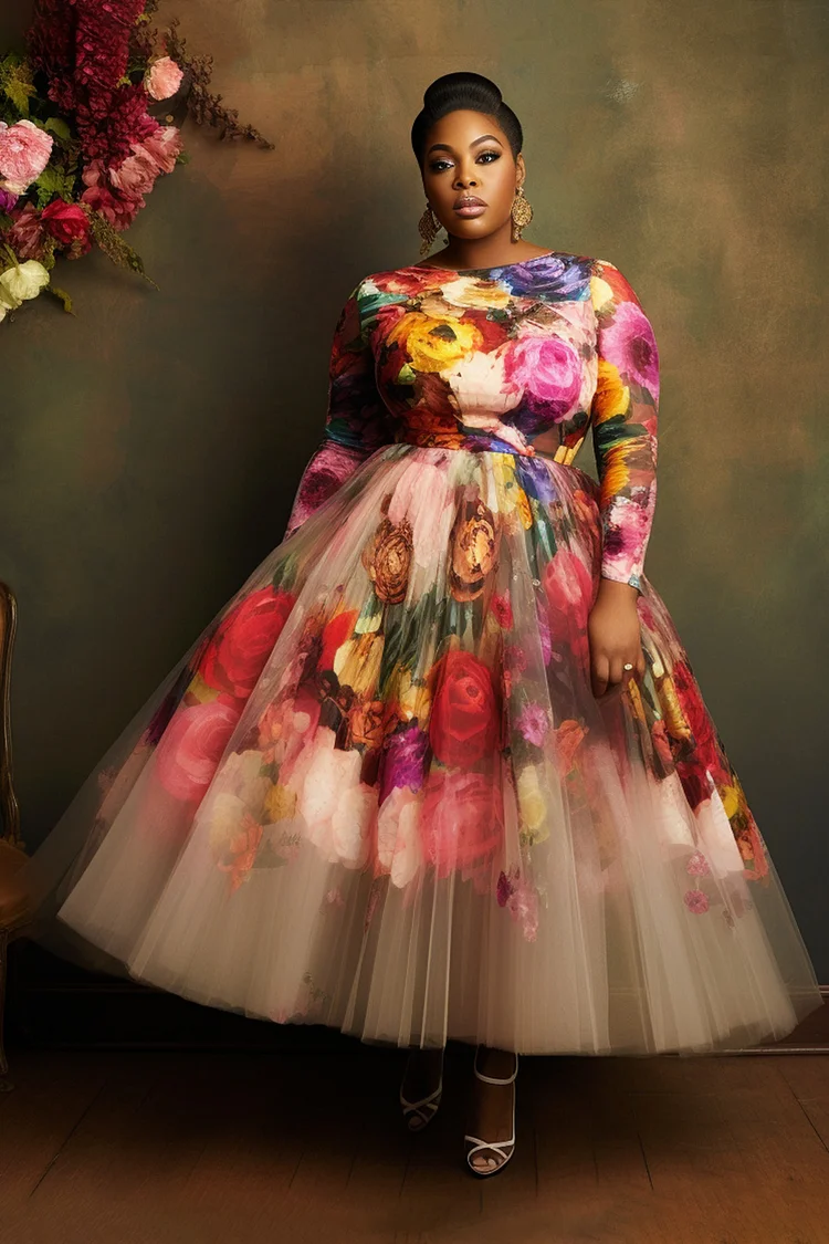 Xpluswear Design Plus Size Formal Multicolor Floral Round Neck Long Sleeve Pocket Tulle Maxi Dresses [Pre-Order]