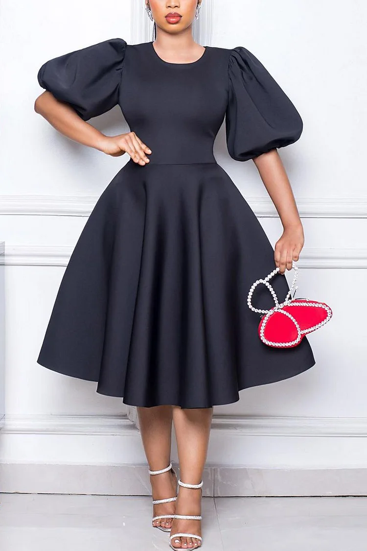 Plus Size Black Semi Formal O Neck Puff Sleeve A-Line Midi Dress