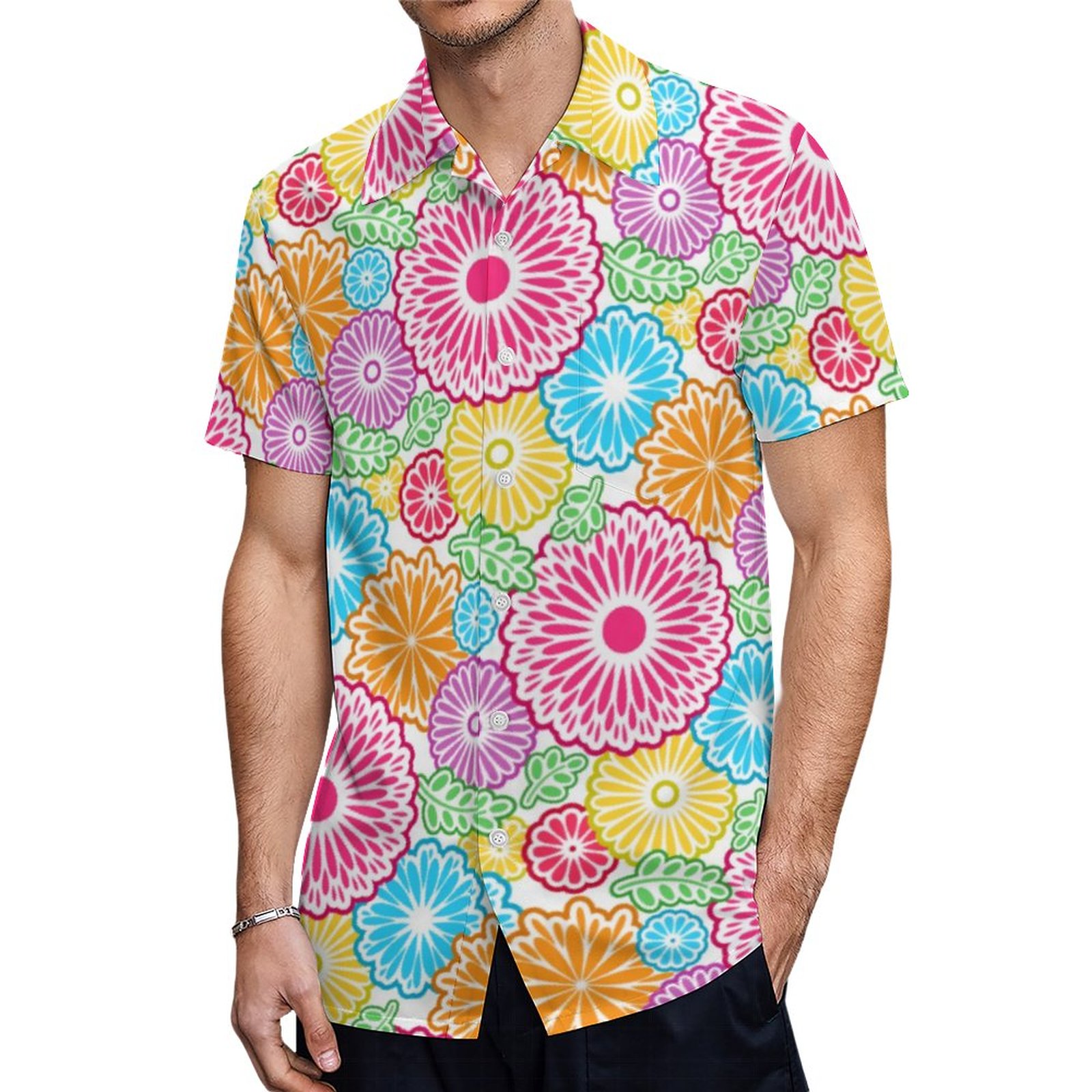 Colorful Vintage Flowers White Background Tote Bag Hawaiian Shirt Mens Button Down Tropical Hawaii Beach Shirts