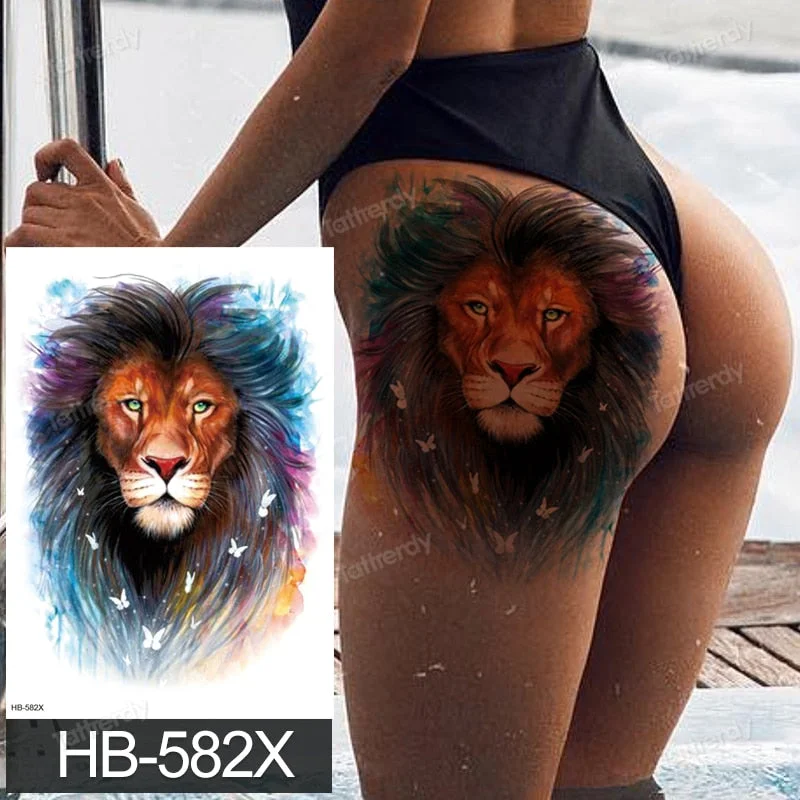 big tattoo anime tiger lion king head thigh leg temporary tattoo for women girls beauty sexy body art sticker tattoos waterproof
