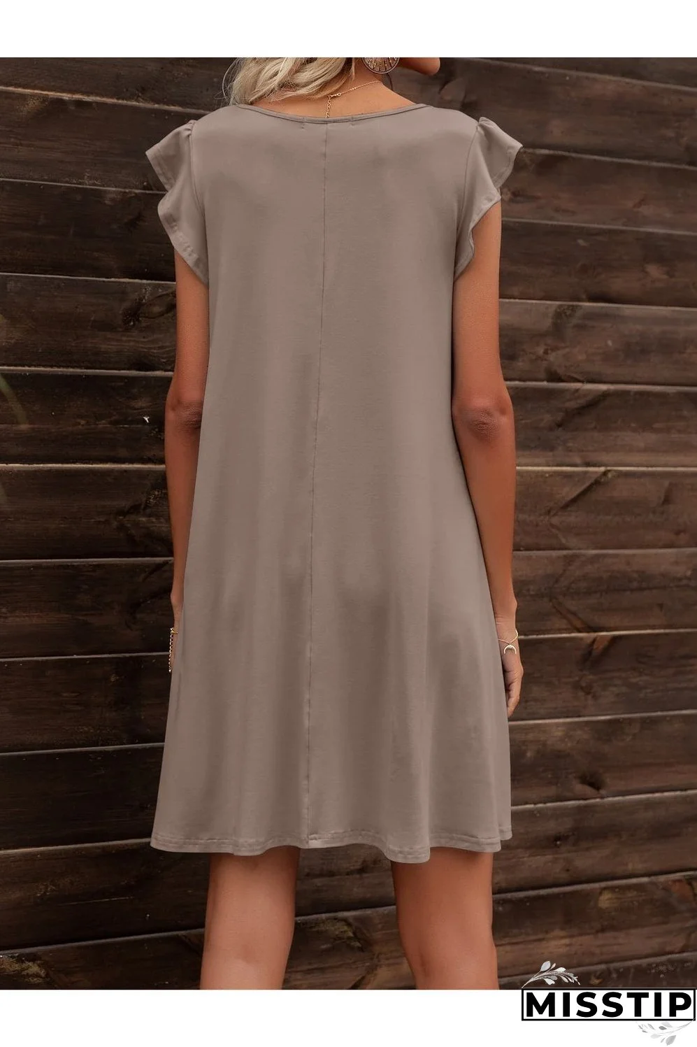 Round Neck Flutter Sleeve Dress with Pockets