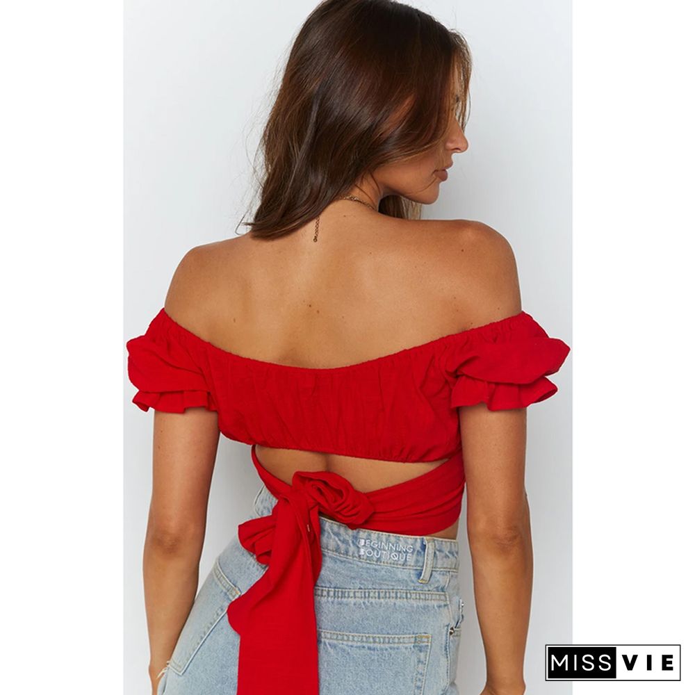 Bohemian Lantern Short-sleeved Umbilical Strap Short Shirt Pleated Solid Color Small Shirt Heritage Wrap Top