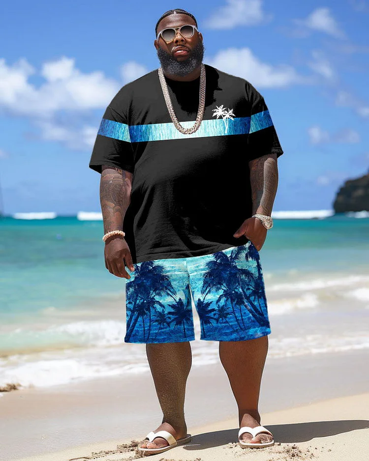 Men's Plus Size Hawaiian Patchwork Gradient Coconut Tree Print T-Shirt Shorts Suit