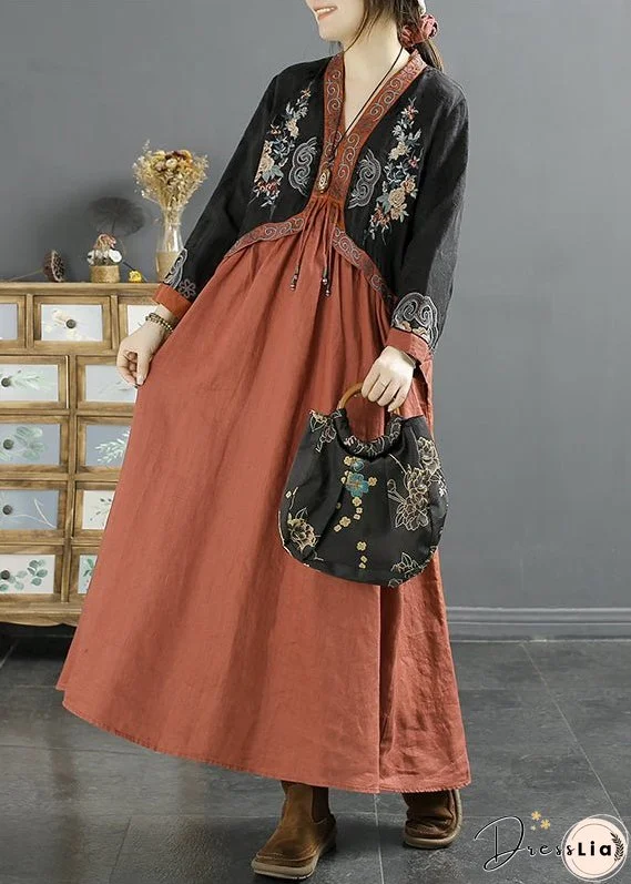 New Red Tasseled Embroidered False Two Pieces Cotton Dress Autumn