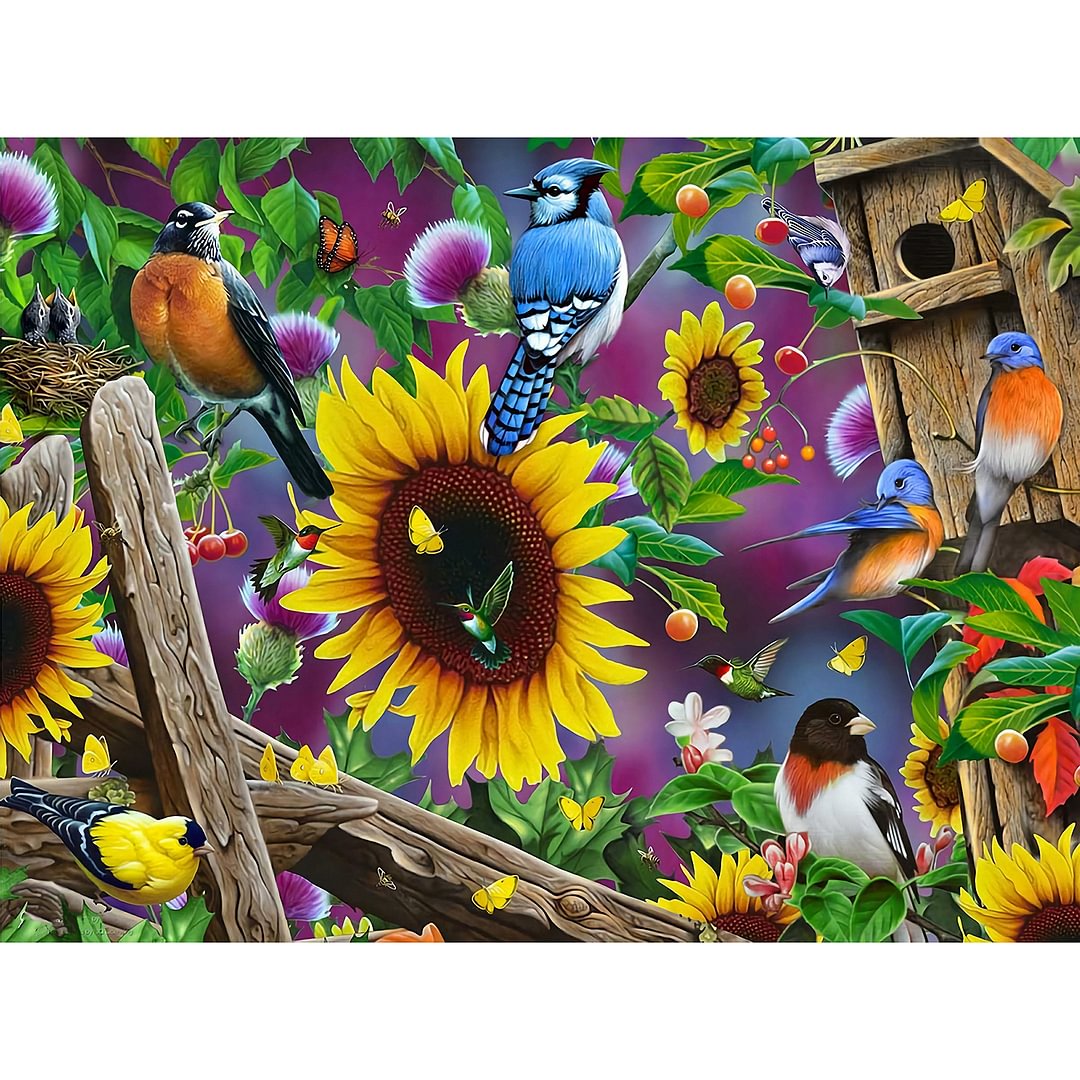 Sunflowers Birds - Full Round - Diamond Painting
