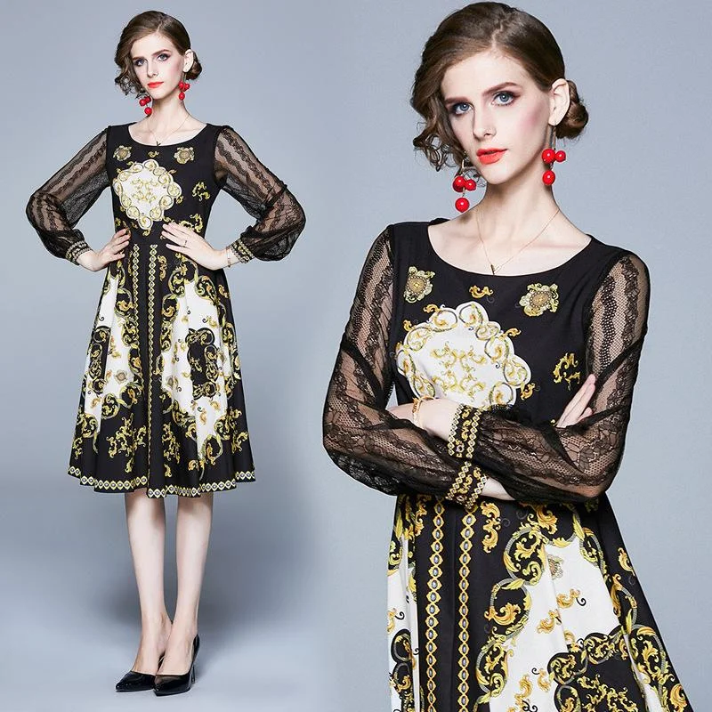 Printed round neck and large hem mid-length dress