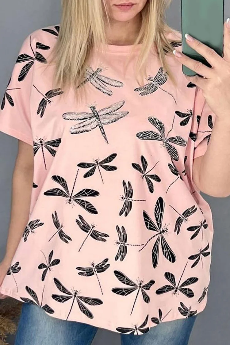 Flycurvy Plus Size Casual Pink Dragonfly Print T-Shirt  Flycurvy [product_label]