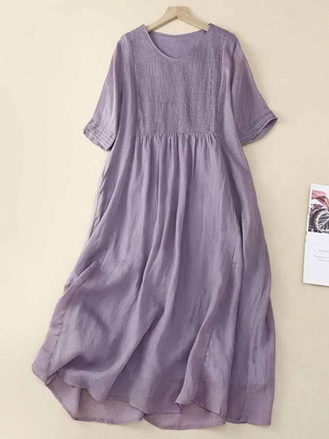 Vintage Cotton And Linen Organ Pleated V-neck Short Sleeve Dress socialshop