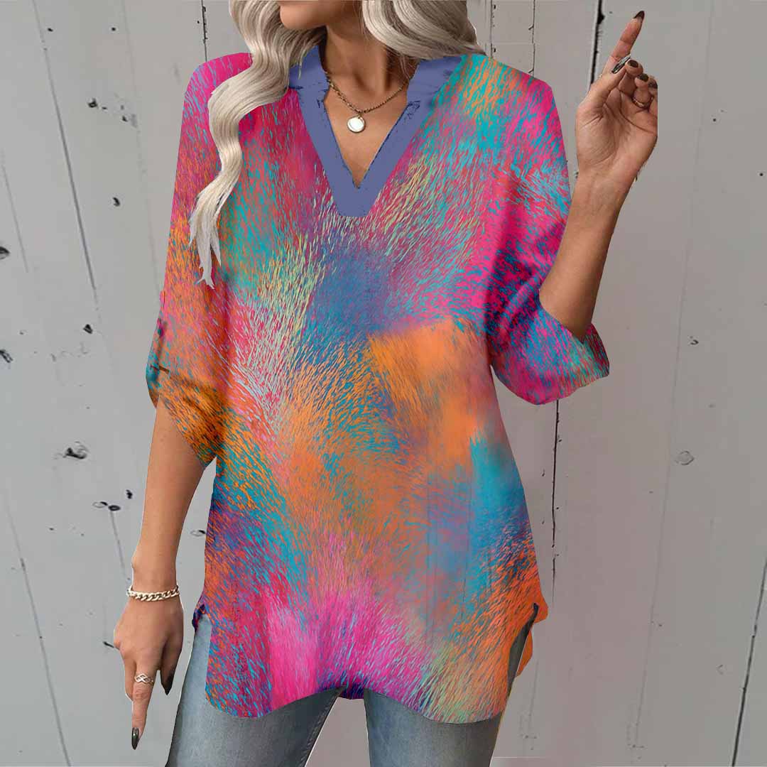 Women Pink,  Tie-dyed DZGA0044 3/4 Sleeve V-neck Printed Graphic Button Tops