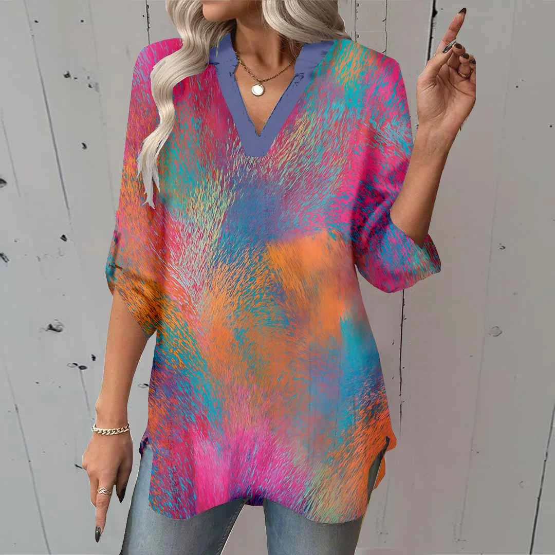 Women Pink,  Tie-dyed DZGA0044 3/4 Sleeve V-neck Printed Graphic Button Tops