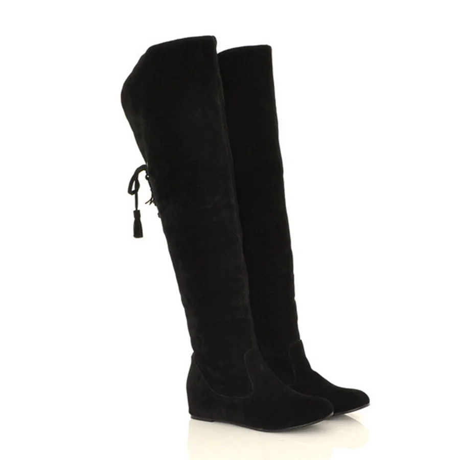 Plain Flat Velvet Round Toe Date Outdoor Thigh High Flat Boots ...