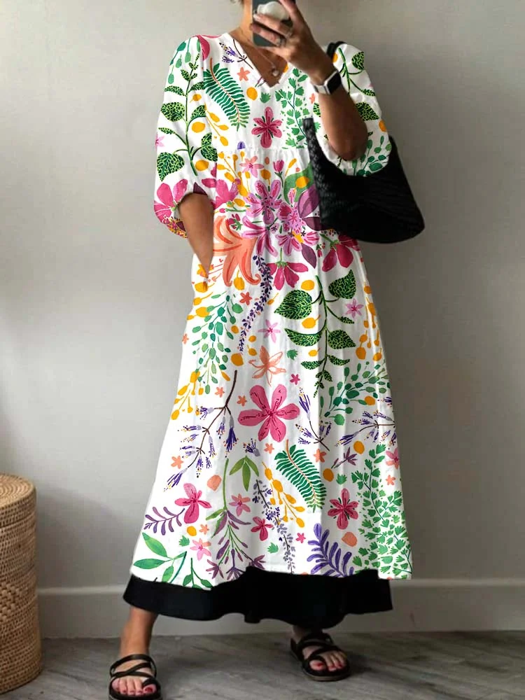 Womens Artistic Floral Holiday Floral Pattern Cotton Dress