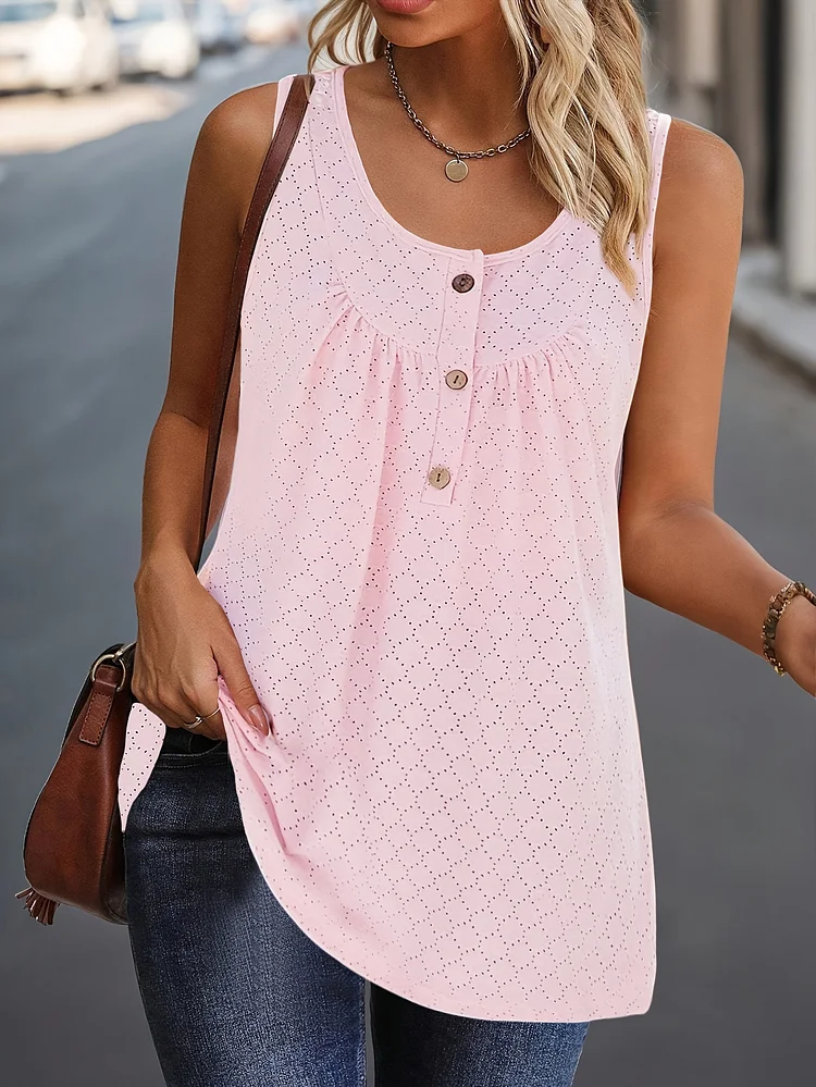 Eyelet Button Front Tank Top - Sleek Sleeveless Design For Warm Weather, Casual Relaxed Fit, Perfect For Summer, Womens Classic Clothing