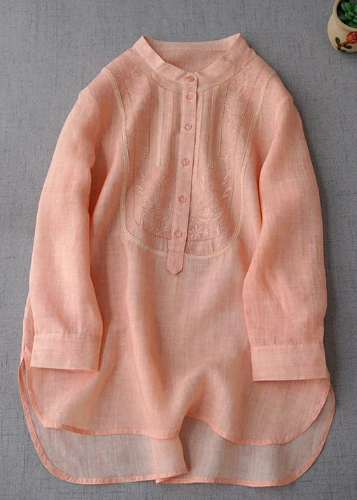New Pink Embroidered Button Linen Shirts Long Sleeve