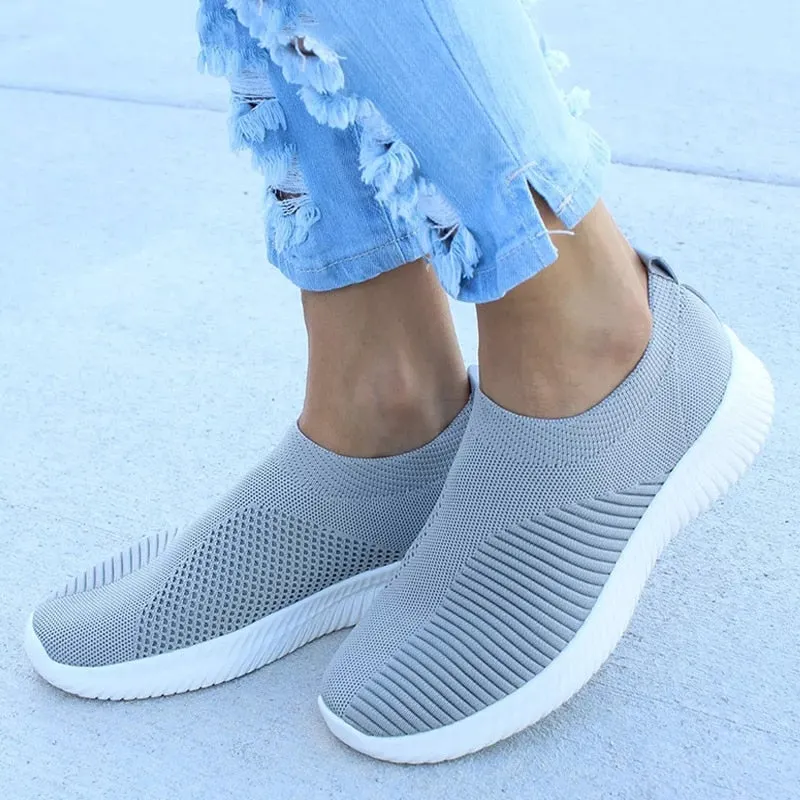 Plus Size 35-43 Women Mesh Flat Sneakers Autumn Female Vulcanized Knitting Shoes Ladies Slip On Breathable Casual Loafers