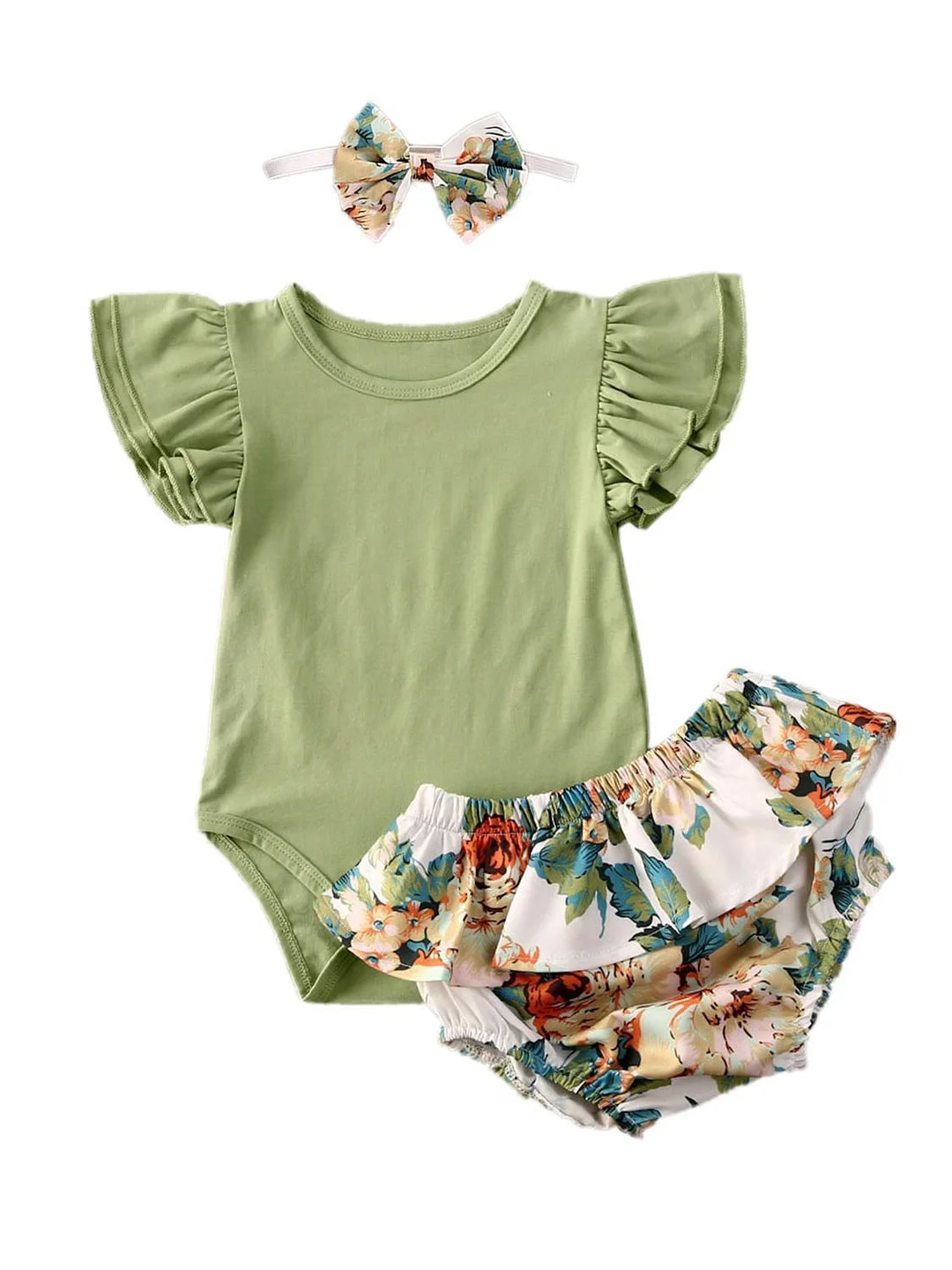 2020 Baby Summer Clothing Infant Newborn Baby Girl Ruffled Ribbed Bodysuit Floral Shorts Headband 3Pcs Set