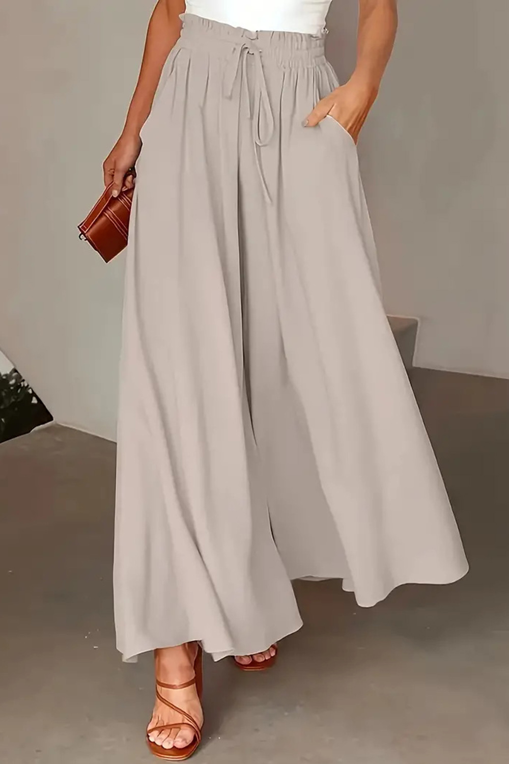 Plus Size Casual Gray Elastic High Waist Drawstring Pocket Wide Leg Pants 2024 - Flycurvy 