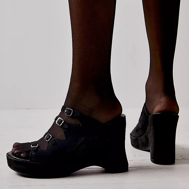 Black Peep Toe Strappy Sandals Women's Vintage Platform Wedge Heels |FSJ Shoes