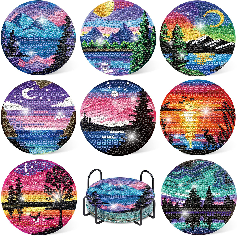 8Pcs DIY Landscape Diamond Painting Coasters with Holder for Party Decor