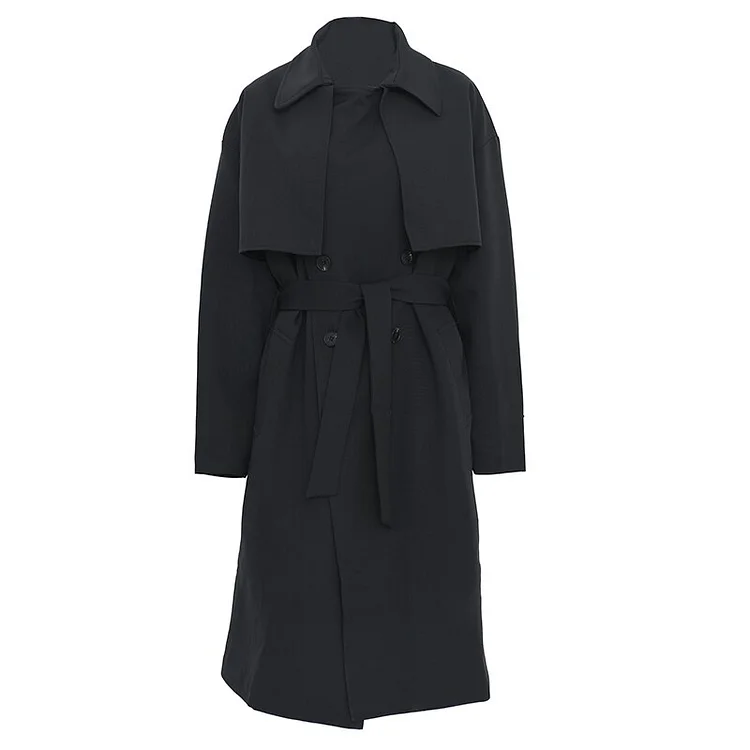 Modern Loose Black Lapel Cotton-padded Long Sleeve Long Trench Coat  