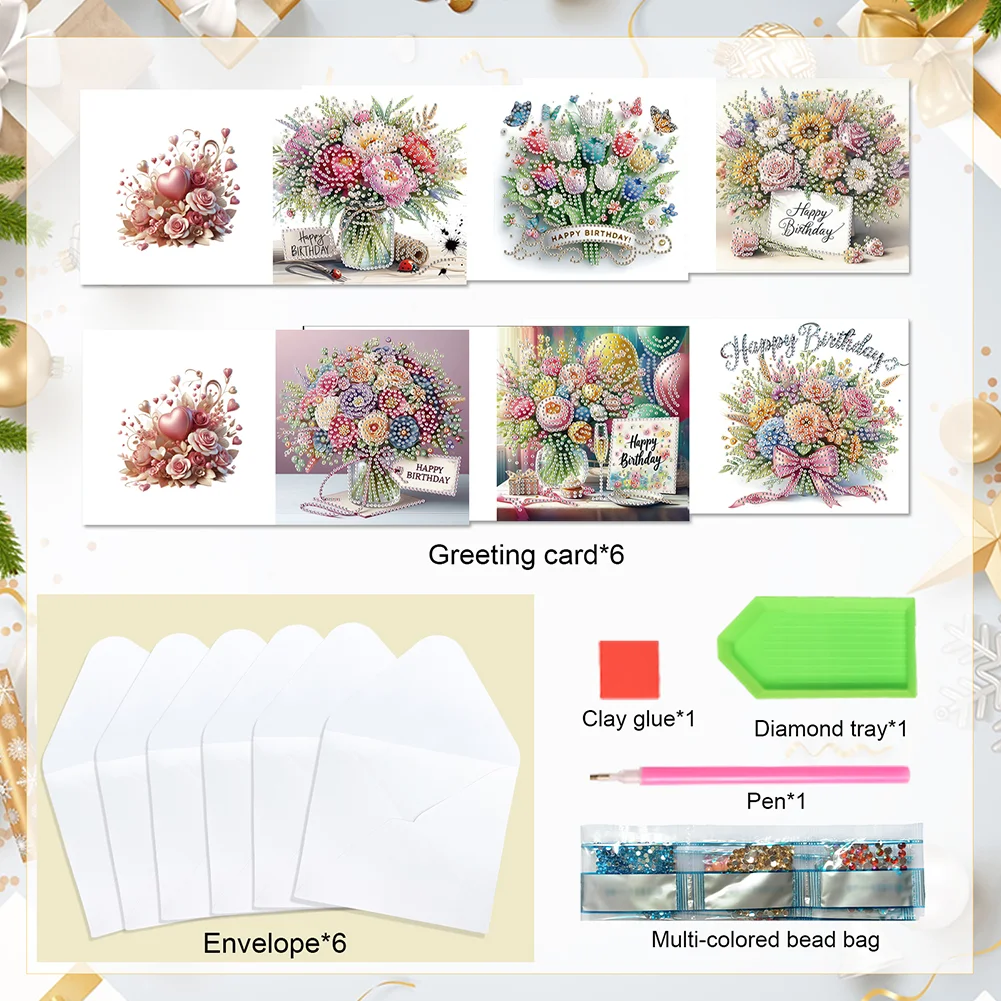 [Upgrade-Laser Card]6Pcs Birthday Bouquet DIY Diamond Painting Card Diamond Drawing Card for Friends
