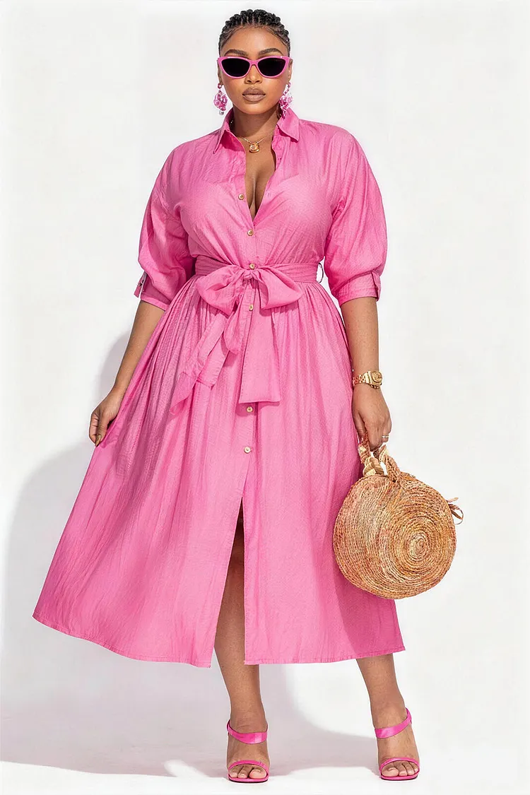 Xpluswear Design Plus Size Vacation White Shirt Collar Half Sleeve Pocket Midi Dresses [Pre-Order] 2024 - Xpluswear