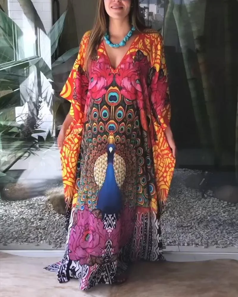 WOMEN'S ETHNIC STYLE PRINTED  CASUAL KAFTAN MAXI DRESS-030920