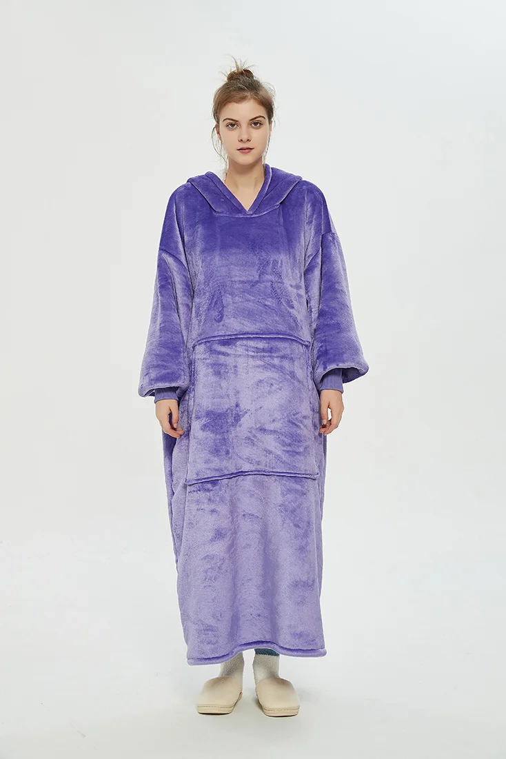 Long Winter Plush Fleece Wearable Blanket Hoodie Purple  Stunahome.com