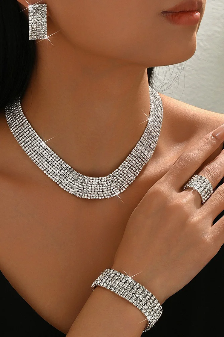 Formal Silver Multi-Row Rhinestones Choker Necklace Bracelet Earrings Ring Four Piece Set 2024 - Xpluswear
