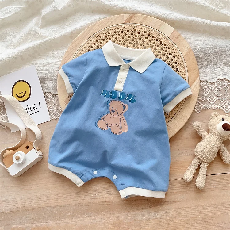 Baby Boy/Girl Polo Collar Bear Print Short Sleeve Romper
