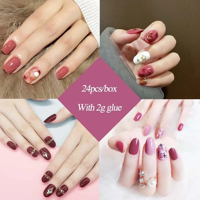 24pcs Bean Paste Color Decor Flower Full Cover Wedding Bride Full Nails Tips Artificial Nails Art Patches With Glue For Girls-Nail Inspo